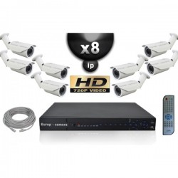 Kit PRO IP 8 câmeras bullet POE IR 40m OMNIVISION 720P + gravador NVR 8 canais H264 FULL HD 2000 Go