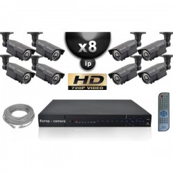 Kit PRO IP 8 câmeras bullet POE IR 60m OMNIVISION 720P + gravador NVR 8 canais H264 FULL HD 2000 Go